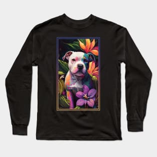 American Staffordshire Terrier Pitbull Vibrant Tropical Flower Tall Digital Oil Painting Portrait Long Sleeve T-Shirt